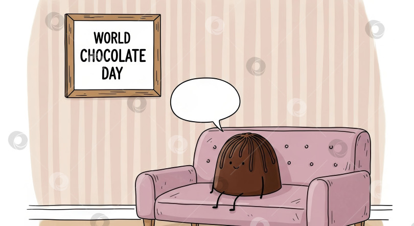 Скачать Милый мультяшный персонаж из шоколадных конфет сидит на диване. Баннер "С Днем шоколада" с забавной иллюстрацией к закускам. фотосток Ozero