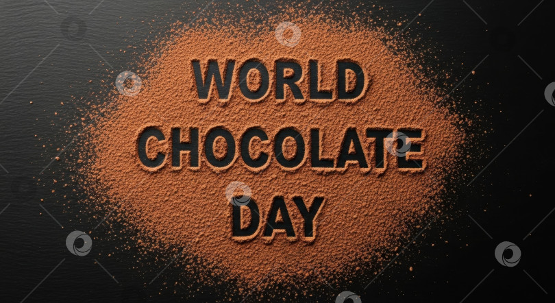 Скачать Надпись "Всемирный день шоколада", выполненная из какао-порошка на темном фоне. Празднование сладких угощений и концепция ингредиентов для десерта. фотосток Ozero