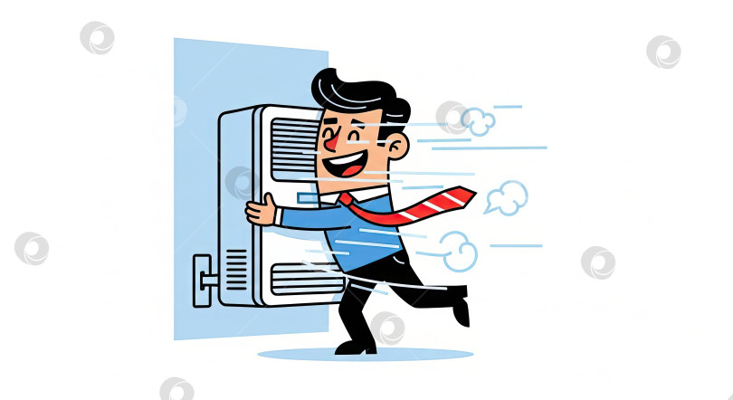 Скачать Мультяшный человечек обнимает охлаждающий кондиционер. Счастливый человек наслаждается прохладным воздухом от вентилятора. Концепция летнего зноя, эффективная установка и приятный комфорт. фотосток Ozero