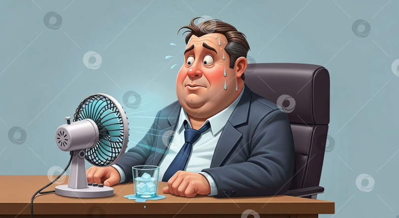 Скачать Потеющий мужчина, офисный работник, сидит за столом с вентилятором и ледяной водой. Концепция сильной жары, летнего дискомфорта и необходимости охлаждения в офисе. фотосток Ozero