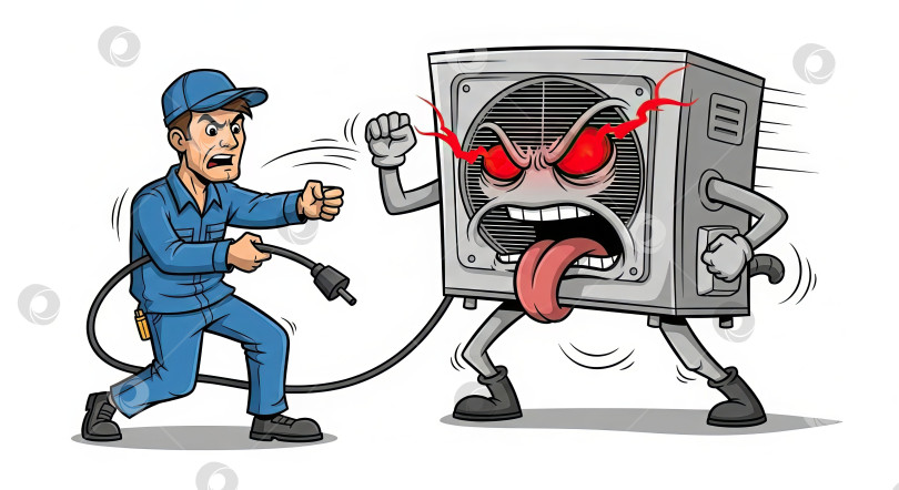 Скачать Мужчина-техник по техническому обслуживанию пытается справиться с неисправным кондиционером. Специалист по ремонту и установке систем кондиционирования воздуха, работающий с неисправной системой охлаждения и обогрева. фотосток Ozero