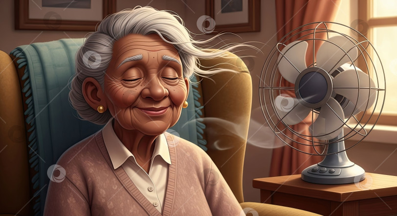 Скачать Пожилая женщина наслаждается освежающим прохладным воздухом от вентилятора, находя комфорт и избавление от летней жары в своем уютном доме. Персональное решение для охлаждения. фотосток Ozero