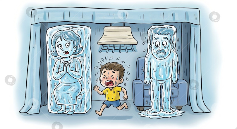 Скачать Женщина и мужчина заморожены в тающих кубиках льда, в то время как ребенок обливается потом от жары, что свидетельствует об экстремальном температурном дискомфорте и потребности в охлаждении. фотосток Ozero