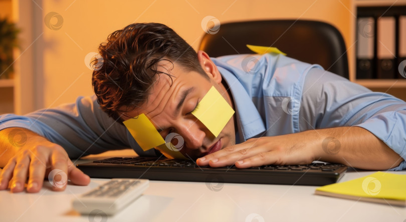 Скачать Человек, измученный переутомлением и жарой, спит лицом вниз на офисной клавиатуре, помеченной желтыми стикерами. Концепция "выгорания в бизнесе" и "офисной усталости". фотосток Ozero