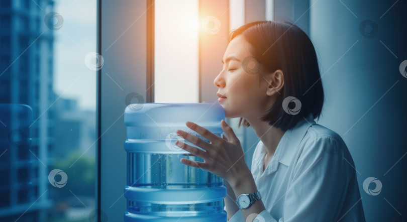 Скачать Женщина с закрытыми глазами прикасается к бутылке с холодной водой в офисе, чтобы спастись от жары. Концепция увлажнения и охлаждения для жаркой погоды. фотосток Ozero