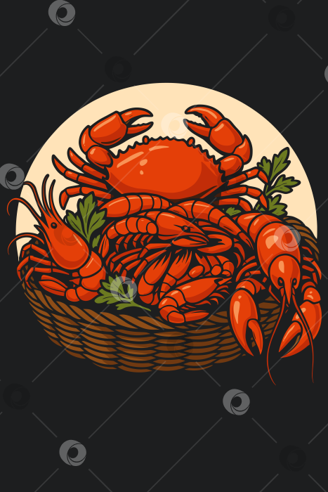 Скачать Корзина с вареными морепродуктами — креветки, раки и краб фотосток Ozero