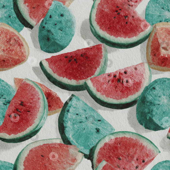 Скачать Красочный бесшовный узор с яркими ломтиками арбуза различных форм и размеров, создающий игривую и освежающую летнюю атмосферу для дизайнерских проектов. фотосток Ozero