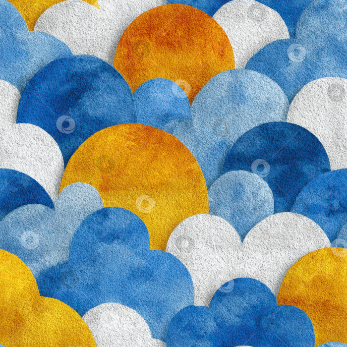 Скачать Бесшовный узор с яркими акварельными кругами в оттенках синего, желтого и оранжевого создает динамичную и красочную визуальную текстуру для дизайнерских проектов. фотосток Ozero