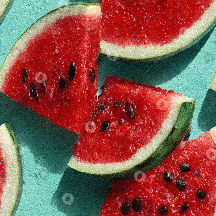 Скачать Яркий бесшовный узор с изображением ломтиков свежего арбуза на бирюзовом фоне, демонстрирующий сочную красную мякоть и контрастную зеленую кожуру, идеально подходит для оформления в летней тематике. фотосток Ozero