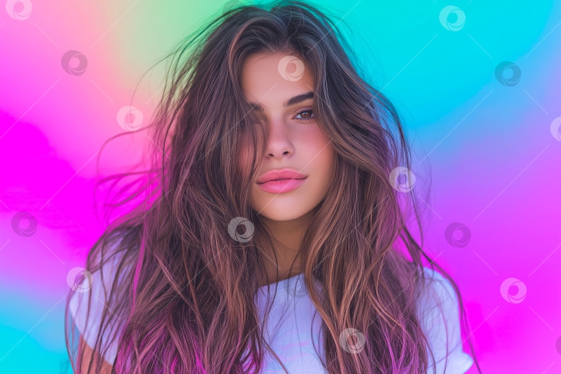Скачать Женщина из Gen Z запечатлена с распущенными волосами и мягким выражением лица, освещенная естественным светом. Фон выполнен в нежных пастельных тонах, которые создают безмятежную атмосферу. фотосток Ozero