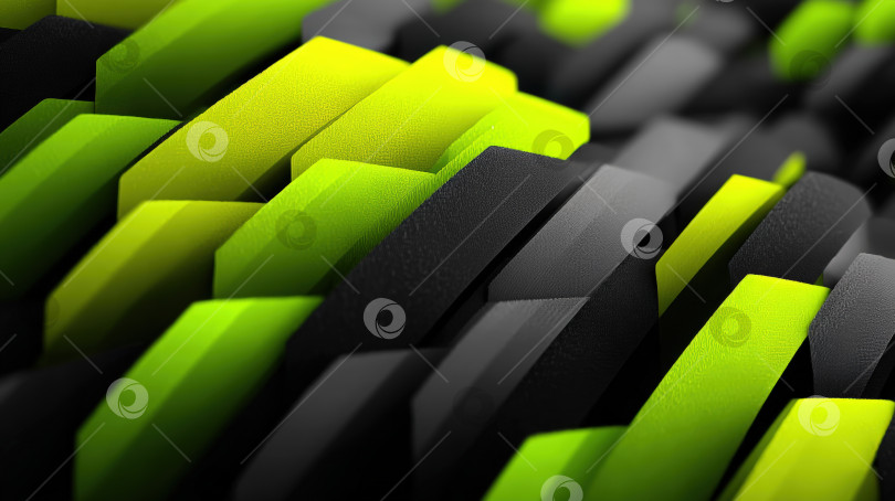 Скачать Абстрактные многослойные геометрические фигуры крупным планом в ярких зеленых и черных тонах, демонстрирующие эстетику современного дизайна с динамичными текстурами и глубиной для творческих проектов. фотосток Ozero