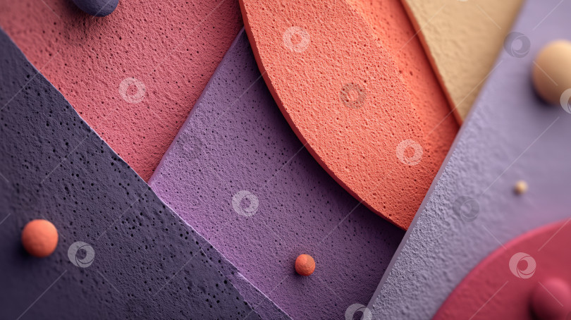 Скачать Абстрактная текстурированная композиция с красочными геометрическими формами и сферами ярких оттенков, демонстрирующая современный художественный дизайн с глубиной и визуальным интересом. фотосток Ozero