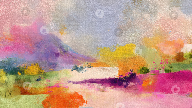 Скачать Яркая абстрактная пейзажная живопись, сочетающая в себе красочные оттенки, включая розовый, оранжевый, желтый и зеленый, создает мечтательную и безмятежную атмосферу в окружении природы. фотосток Ozero