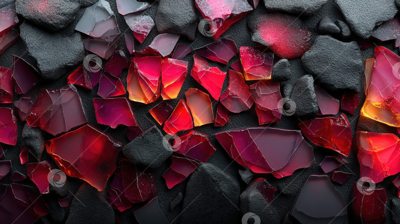 Скачать Разноцветные осколки стекла различных форм и размеров разбросаны по темной поверхности, создавая яркий и текстурированный фон с поразительной визуальной привлекательностью фотосток Ozero