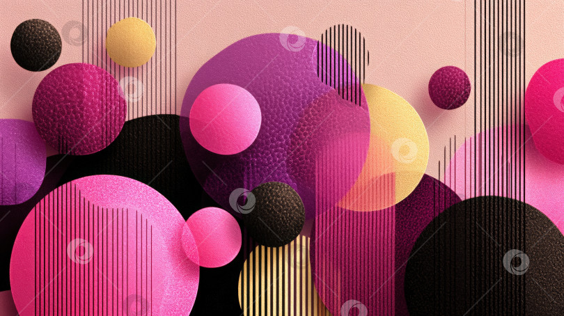 Скачать Абстрактная композиция с яркими сферами в розовых, фиолетовых, желтых и черных тонах, переплетенными вертикальными линиями, создающими глубину и визуальный интерес для современного дизайна. фотосток Ozero