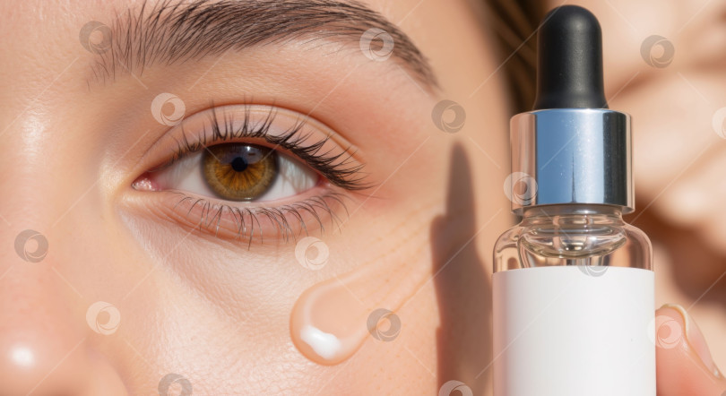 Скачать Женщина наносит каплю сыворотки на кожу рядом с глазом из косметического флакона для создания макета процедуры по уходу за красотой и здоровьем. фотосток Ozero
