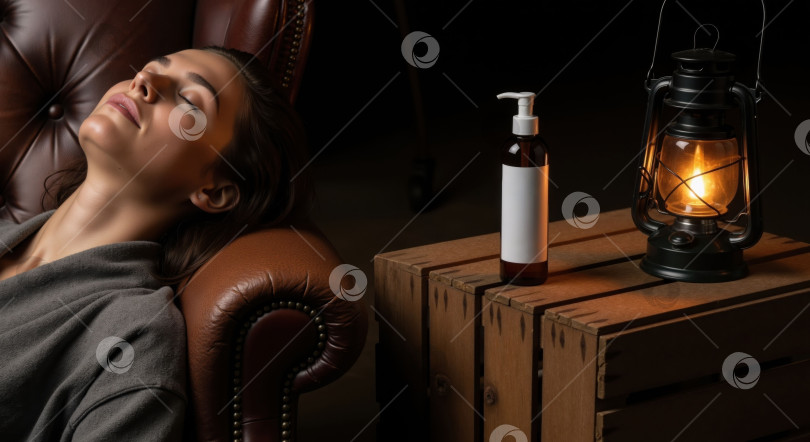 Скачать Женщина с закрытыми глазами отдыхает в уютном кожаном кресле рядом с лампой и косметическим флаконом. Концепция красоты и благополучия для релаксации. фотосток Ozero