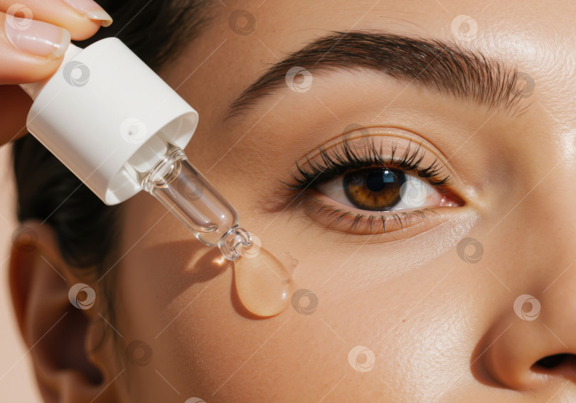 Скачать Женщина наносит сыворотку на чистое лицо с помощью косметической пипетки. Косметические и оздоровительные средства. Процедура по уходу за кожей. фотосток Ozero