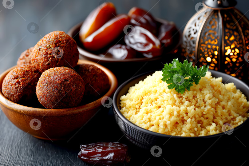 Скачать Праздничное блюдо на ближневосточном языке с фалафелем, кускусом и финиками в декоративных фонариках для сезонного или праздничного празднования. фотосток Ozero