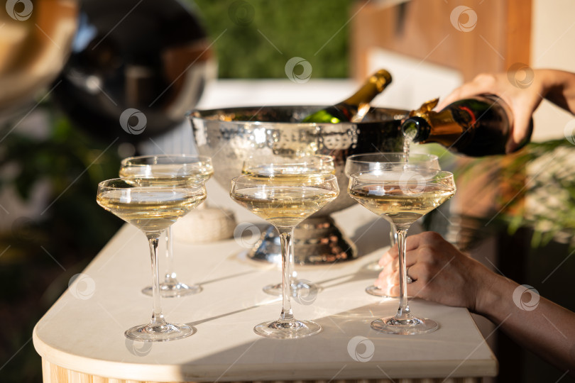 Скачать Праздничный тост с шампанским в элегантных бокалах купе и чашей со льдом, наполненной восхитительным игристым напитком, в окружении пышной зелени фотосток Ozero