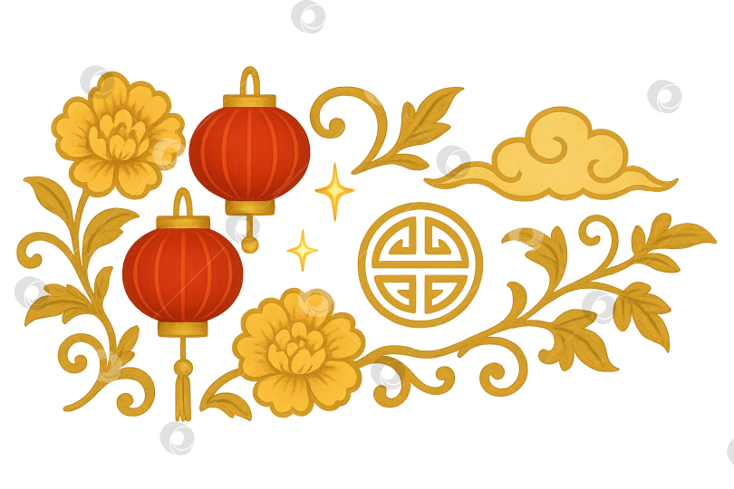 Скачать Иллюстрация фестиваля середины осени с фонарями и цветами в желтых и красных тонах. Изолированные изображения на прозрачном фоне фотосток Ozero