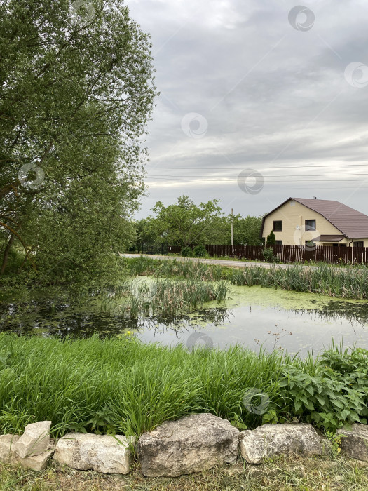 Скачать Идиллический пруд с пышной зеленью и причудливым домом на фоне безмятежного природного пейзажа фотосток Ozero