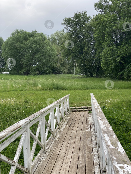 Скачать Деревянный пешеходный мост, ведущий на пышный зеленый луг с деревьями, подходящий для фона природы фотосток Ozero