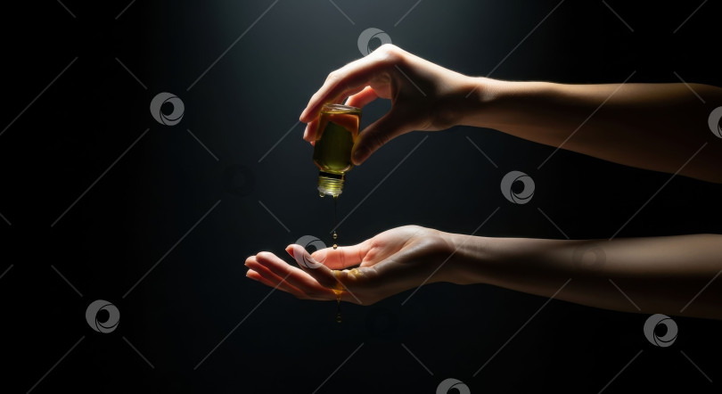 Скачать Женская рука, переливающая масло для ухода за кожей из флакона в другую руку. Косметический продукт, натуральная эссенция и органическая косметика. фотосток Ozero