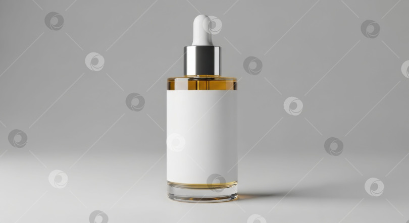 Скачать Стеклянный флакон-капельница с эфирным маслом и пустой этикеткой. Макет косметического средства для красоты и здоровья. Демонстрация спа-сыворотки. фотосток Ozero