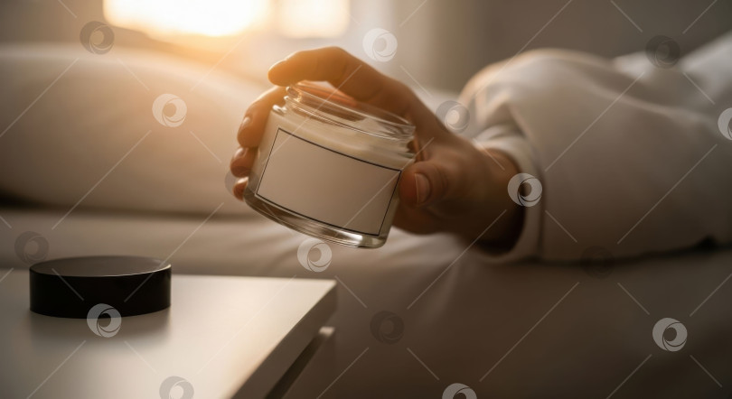 Скачать Крупный план мужской руки, держащей косметическую баночку с макетом пустой этикетки. Средство по уходу за кожей для красоты и здоровья. фотосток Ozero