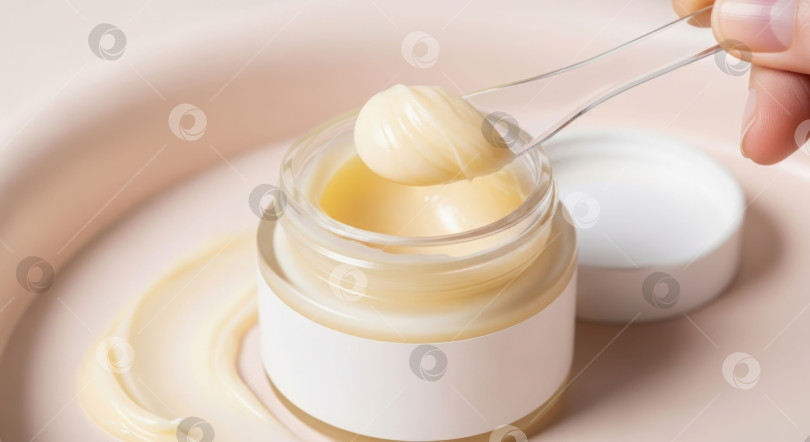 Скачать Человек, держащий прозрачную ложку с кремом для кожи над прозрачной стеклянной банкой с пустой этикеткой для макета косметического средства. фотосток Ozero