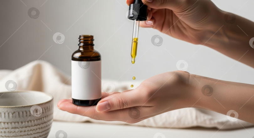 Скачать Женщина наносит на ладонь капли эфирного масла из флакона из натурального стекла с белой этикеткой для косметических целей. фотосток Ozero