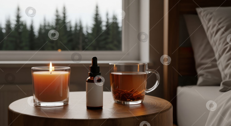 Скачать Свеча, флакон-капельница и чай на прикроватном столике. Расслабляющее утро и уютная атмосфера для хорошего самочувствия и заботы о себе. фотосток Ozero