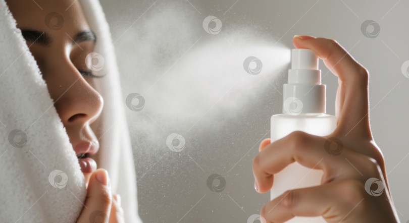 Скачать Женщина, завернутая в белое полотенце, распыляет на лицо спрей для ухода за кожей. Концепция красоты с чистой и здоровой кожей. фотосток Ozero