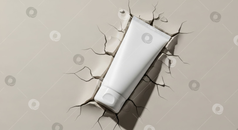 Скачать Чистый белый макет косметического тюбика, выделяющийся на потрескавшемся нейтральном фоне, открывает простор для дизайна. Концепция презентации продукта. фотосток Ozero