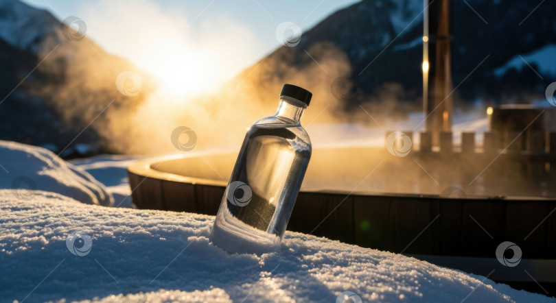 Скачать Макет прозрачной бутылки с водой в снегу рядом с гидромассажной ванной. Демонстрация косметических средств для красоты и здоровья. фотосток Ozero