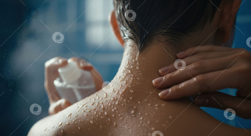 Скачать Женщина наносит на влажную шею и плечи несколько капель воды. Концепция красоты и косметического ухода. фотосток Ozero