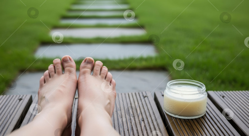 Скачать Женская подставка для ног на деревянной палубе с натуральным косметическим бальзамом. Уход за собой и косметические процедуры в отпуске. Концепция летнего спа-релакса. фотосток Ozero