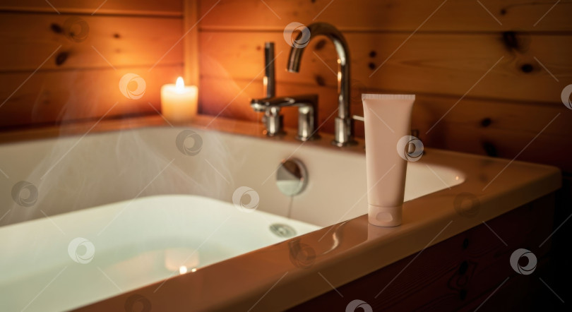 Скачать Рядом с паровой ванной при свечах стоит косметический тюбик, создающий атмосферу спа-салона для расслабления. фотосток Ozero