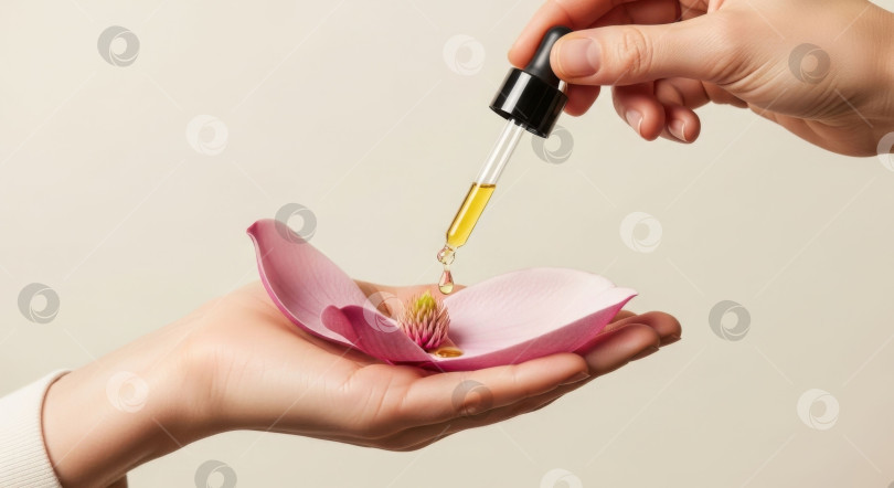 Скачать Женская рука, держащая лепесток цветка магнолии, сыворотка, капающая из пипетки, косметическое средство с маслом для ухода за кожей с возможностью копирования. фотосток Ozero