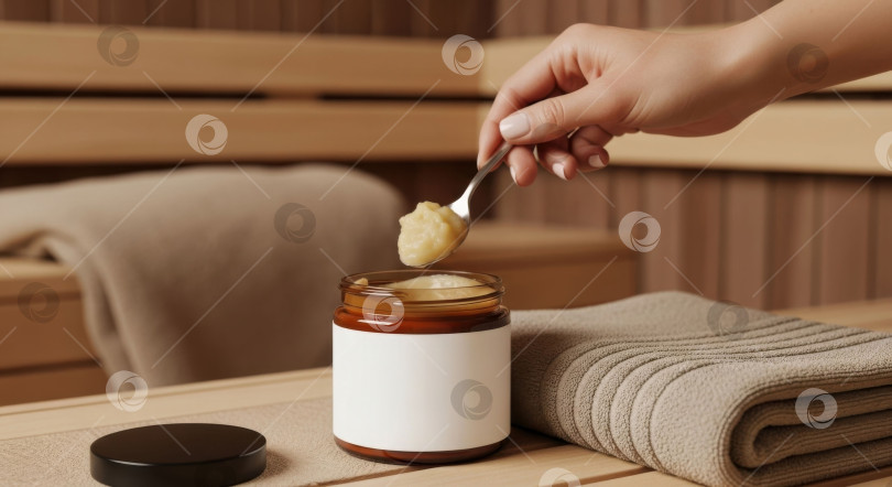 Скачать Женщина берет ложечкой скраб для тела из пустой косметической баночки. Макет средства по уходу за кожей для естественной красоты и спа-процедур. фотосток Ozero