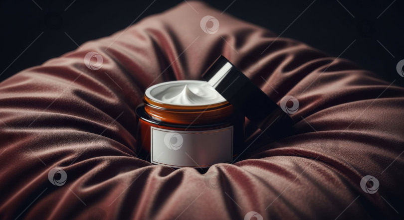 Скачать Открытая баночка белого крема с крышкой на мятой красной тканевой поверхности. Макет косметического средства по уходу за кожей Beauty с пространством для копирования. фотосток Ozero