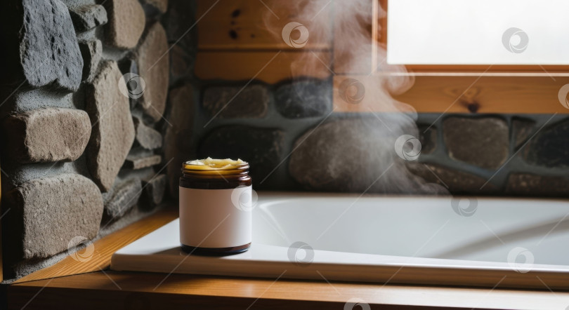 Скачать Коричневая баночка с кремом без этикетки на деревянном бортике ванны. Макет средства по уходу за телом. Концепция спа и велнеса для естественной красоты. фотосток Ozero