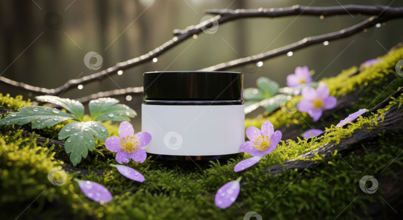 Скачать Белая косметическая баночка на природе, демонстрирующая естественную красоту и здоровый уход за кожей. Макет продукта для органического крема или увлажняющего крема. фотосток Ozero