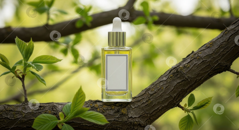 Скачать Флакон косметической сыворотки из прозрачного стекла с макетом пустой этикетки на ветке дерева - концепция натурального косметического средства. фотосток Ozero