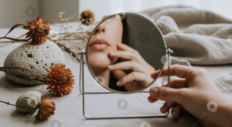 Скачать Женщина, отражающаяся в круглом косметическом зеркале, проверяет состояние кожи и губ на косметическом столике. Концепция ухода за собой и красоты. фотосток Ozero