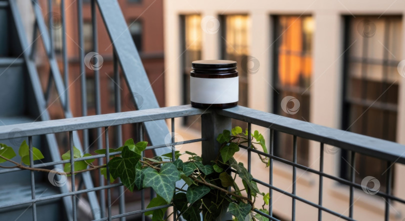 Скачать Макет косметической баночки с пустой этикеткой на металлическом заборе в городской среде. Средство по уходу за кожей с плющом для брендирования. фотосток Ozero