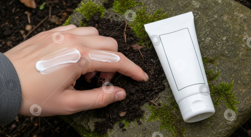 Скачать Женская рука с мазками крема и тюбиком косметики на уличном камне с грязью. Натуральный уход за кожей, косметический макет. фотосток Ozero