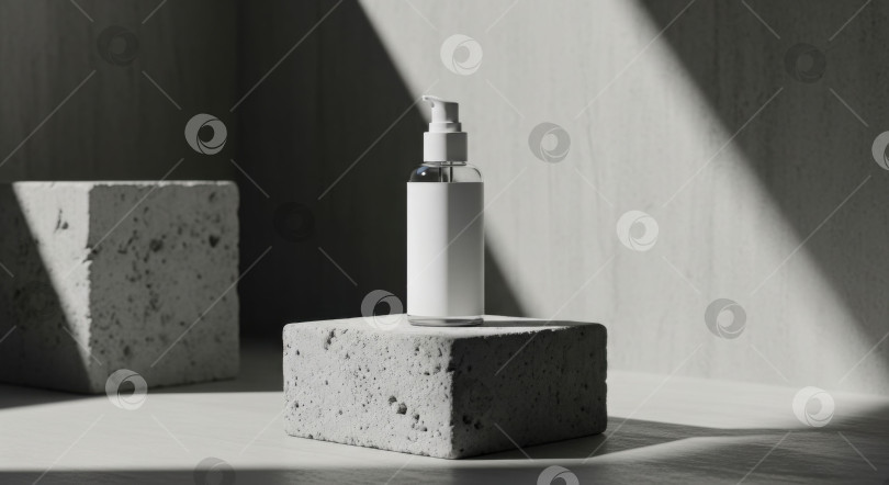 Скачать Макет белого флакона-помпы на бетонном блоке. Демонстрация косметических средств для красоты и здоровья. Студийный снимок со светом и тенью. фотосток Ozero