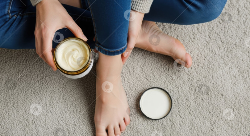 Скачать Женские руки, держащие баночку с кремом для ног. Концепция натурального косметического средства для ухода за кожей. Процедура ухода за собой и массаж стоп. фотосток Ozero